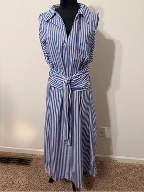 Old Navy Blue and White Striped Sleeveless Tie-Waist Maxi Dress